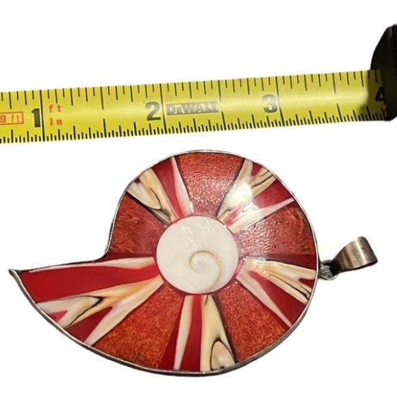 Vintage Large Coastal Sterling Silver Natural Red Swirl Conch Shell LPendent - Picture 3 of 4